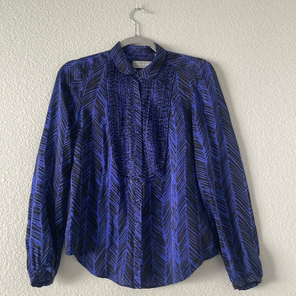 Royal Blue & Black sophisticated silk blouse w/ buttons Liz Clairborne size S 💙